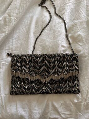 Lulu's Black Beaded Scallop-Trim Evening Clutch with Chain